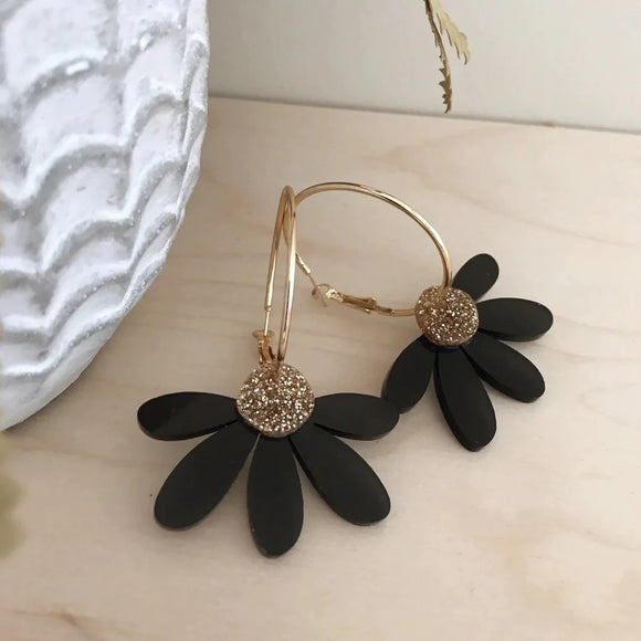 Foxie Collective - Jumbo Daisy Hoop Earrings - Black and Gold Glitter