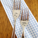 Samantha's Studio - "Mr." & "Mrs." Wedding Quote Cutlery (Forks), Hand Stamped