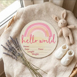 Timber Tinkers - Hello World Pink Rainbow Wooden Birth Disc