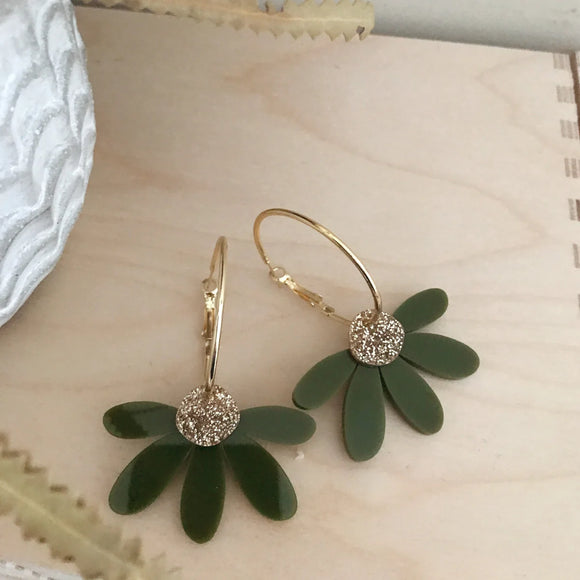 Foxie Collective - Jumbo Daisy Hoops - Olive and Gold Glitter