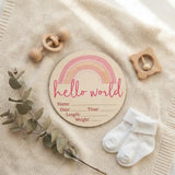 Timber Tinkers - Hello World Pink Rainbow Wooden Birth Disc