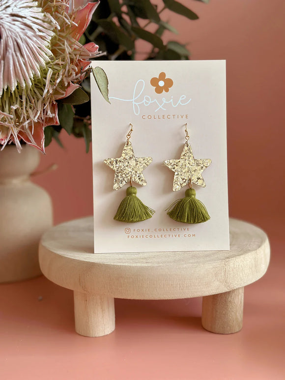 Foxie Collective - Star Dust Dangles | Gold Sparkle + Olive Green