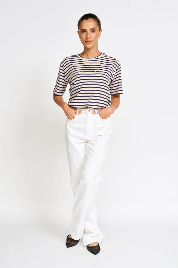 Apero - Riviera Stripe Panel Tee - Navy / Beige Marle