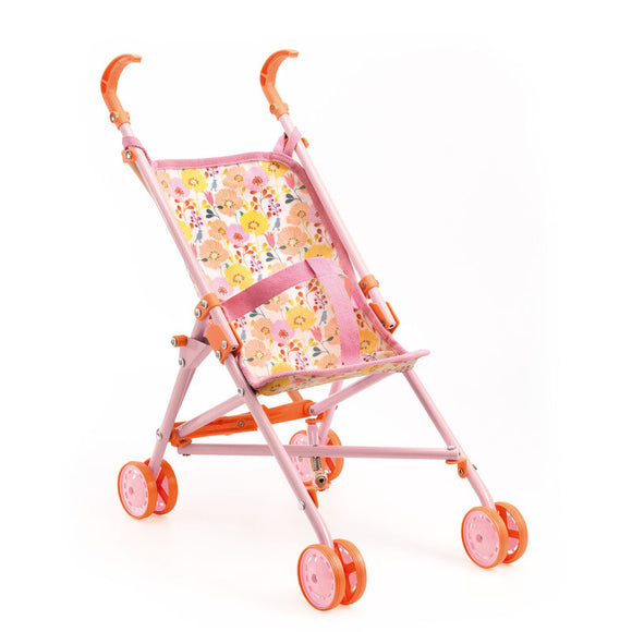 Djeco - 54 cm Pomea Pink Flower Doll Umbrella Stroller