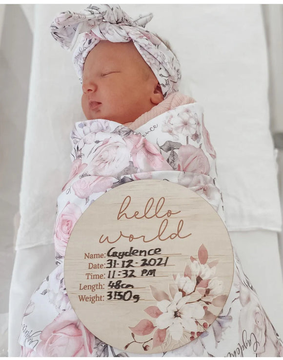 Timber Tinkers - Hello World Floral Wooden Birth Disc