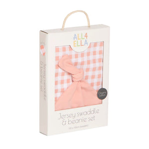 All4Ella - Jersey Wrap & Beanie Set - Gingham Strawberry