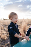 Little Windmill Clothing Co - "Brad Baby" Navy Contrast Long Gingham Baby Polo Romper