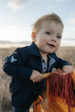 Little Windmill Clothing Co - "Brad Baby" Navy Contrast Long Gingham Baby Polo Romper