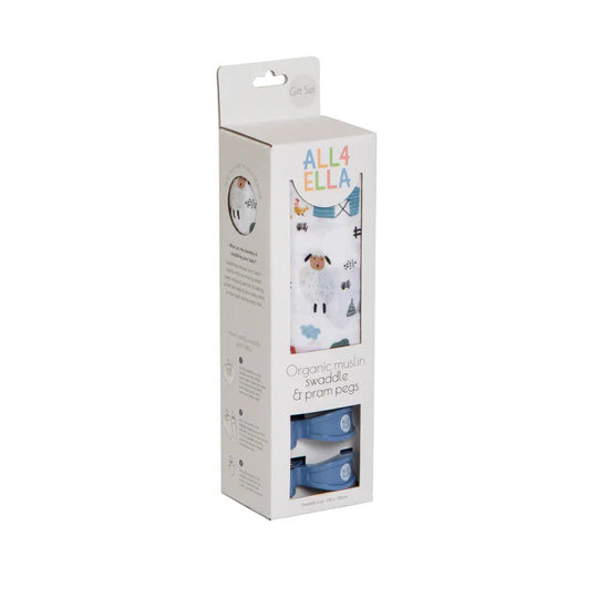 All4Ella - Muslin Swaddle & 2 Pram Peg Gift Set - Barnyard