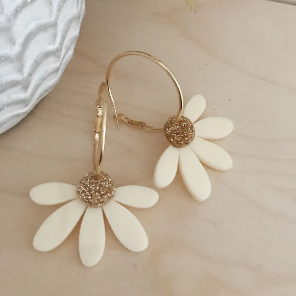 Foxie Collective - Jumbo Daisy Hoop Earrings - Cream and Gold Glitter