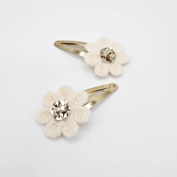 Little Blush Daisy - Wool Flower Gold Snap Hair Clips