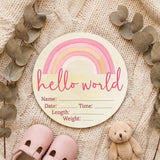 Timber Tinkers - Hello World Pink Rainbow Wooden Birth Disc