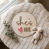 Timber Tinkers - She's here heart birth annoucement