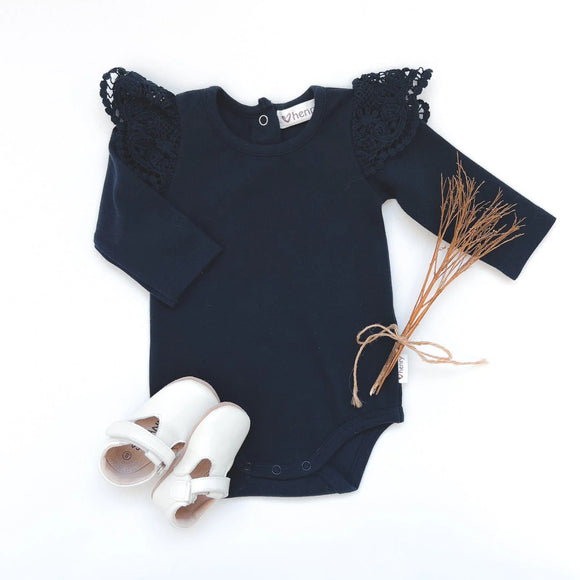 Love Henry - Baby Girls Lace  Sleeve Onesie - Navy