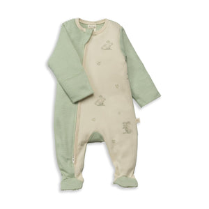 Tiny Twig - Side Zipsuit with Feet - Basil Stripes/Bunnies