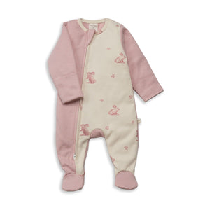 Tiny Twig - Side Zipsuit with Feet - Rose Bunnies/Rose Stripes